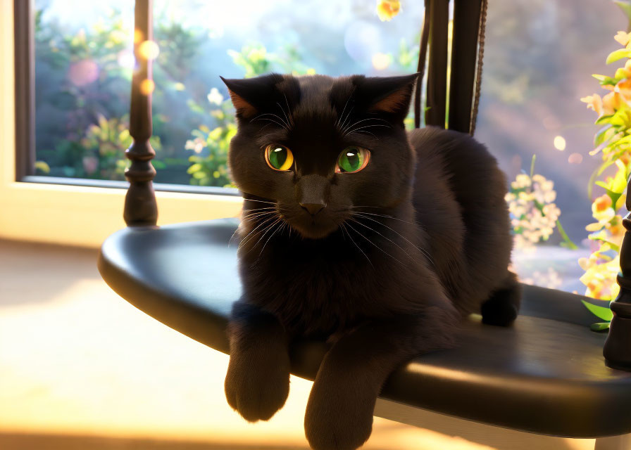 Black Cat with Green Eyes Resting on Wooden Window Seat in Sunlit Room