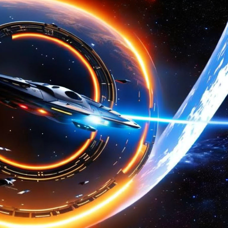 Futuristic spaceship leaving circular space station near glowing planet