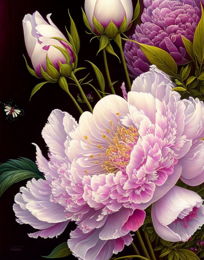 Detailed Pink Peonies Blooming with Butterfly on Dark Background