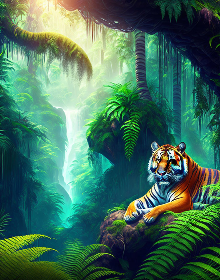 Majestic tiger resting in lush jungle with waterfall
