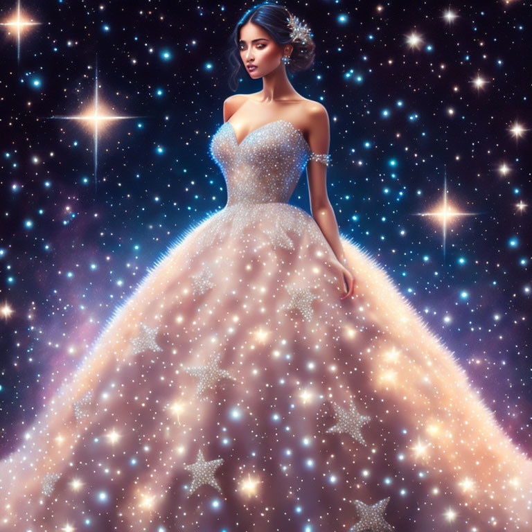 Ethereal woman in glittering gown with celestial background