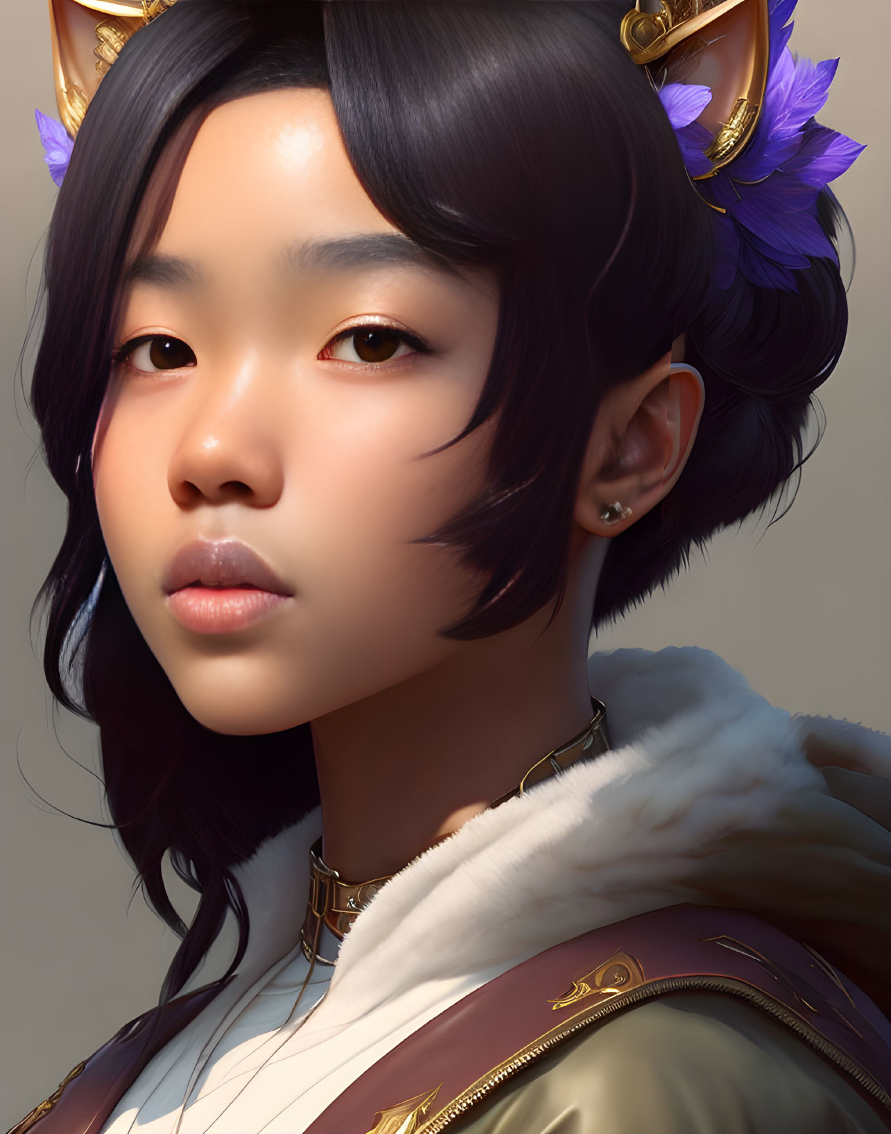 Digital portrait of young woman with fantasy elements: pointed ears, ornate golden accessories, purple floral designs