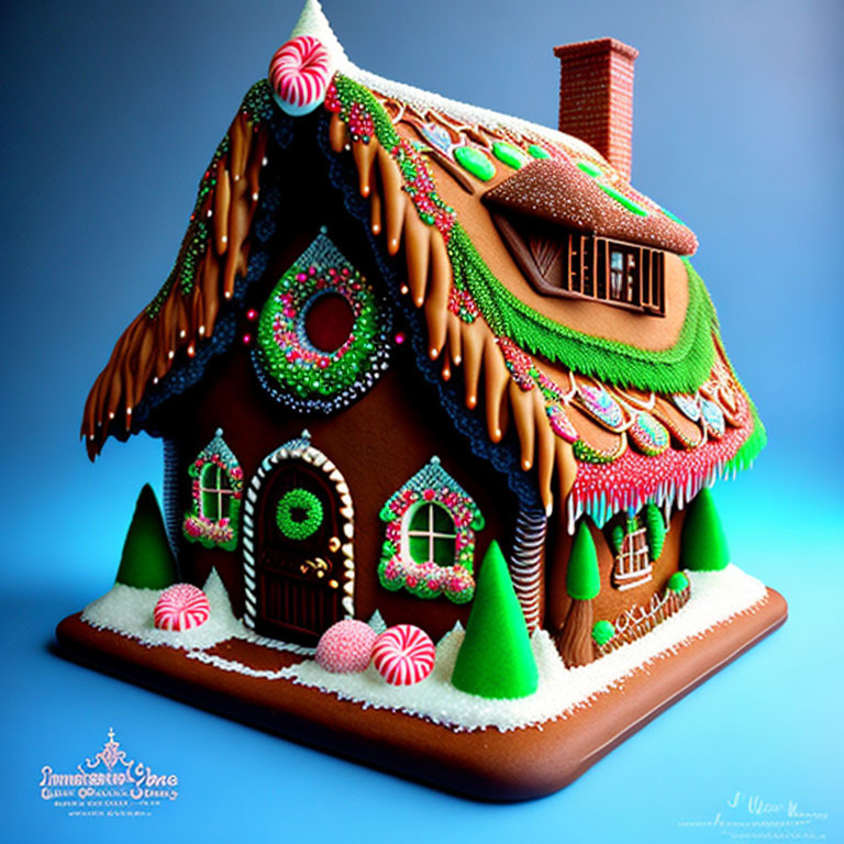 Detailed Gingerbread House with Candy Decorations on Snowy Base