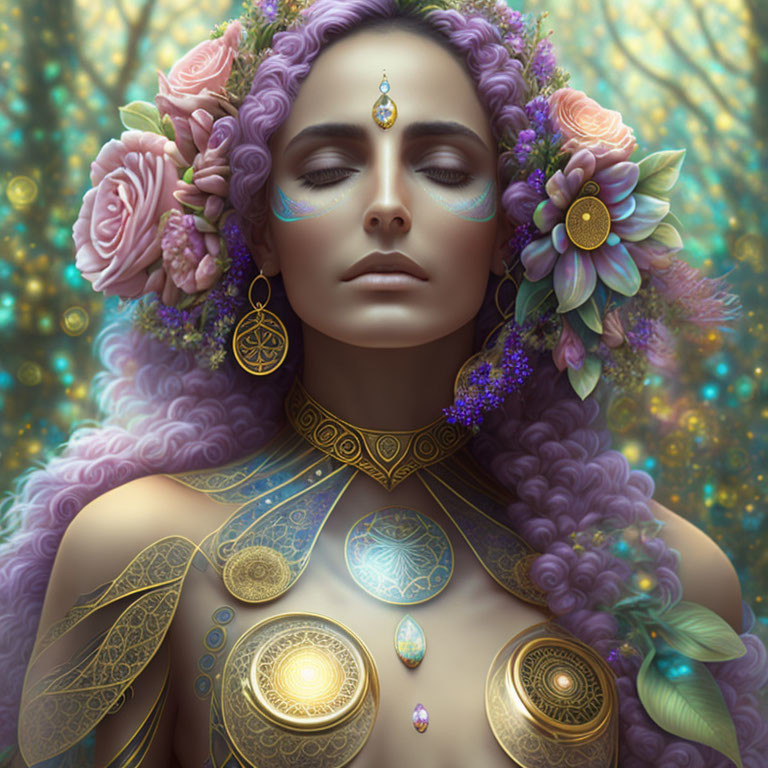 Regal woman with gold jewelry and body art on starry background