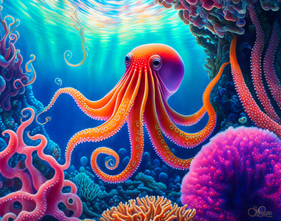 Colorful Octopus Illustration Among Coral Reef in Blue Sea