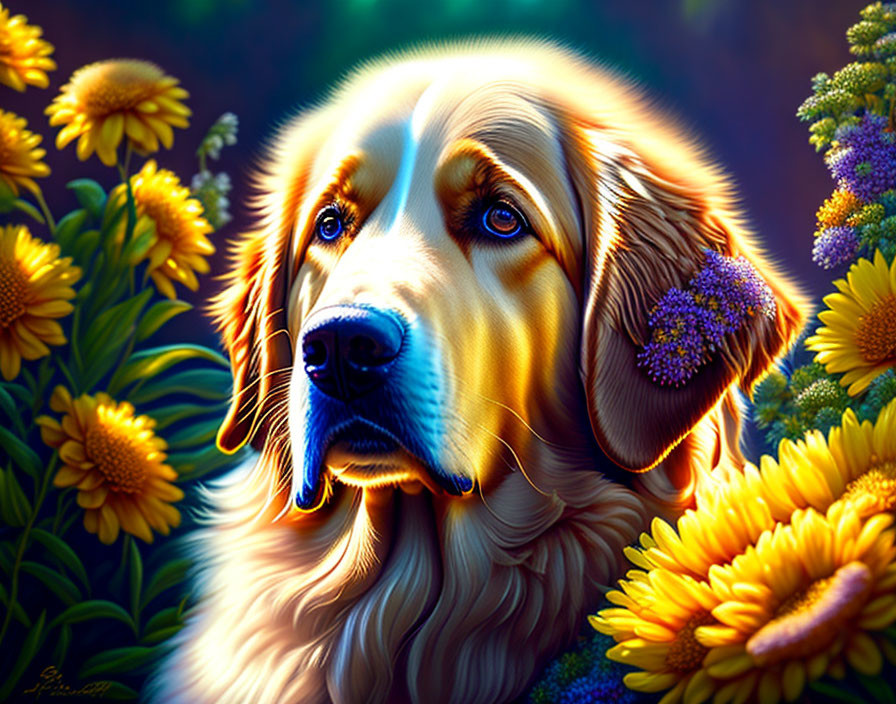 Detailed Digital Portrait of Golden Retriever Among Sunflowers