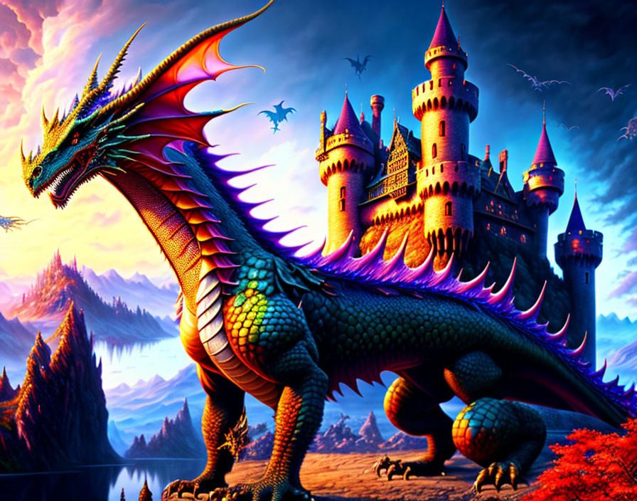 Majestic dragon and grand castle in vibrant fantasy scene