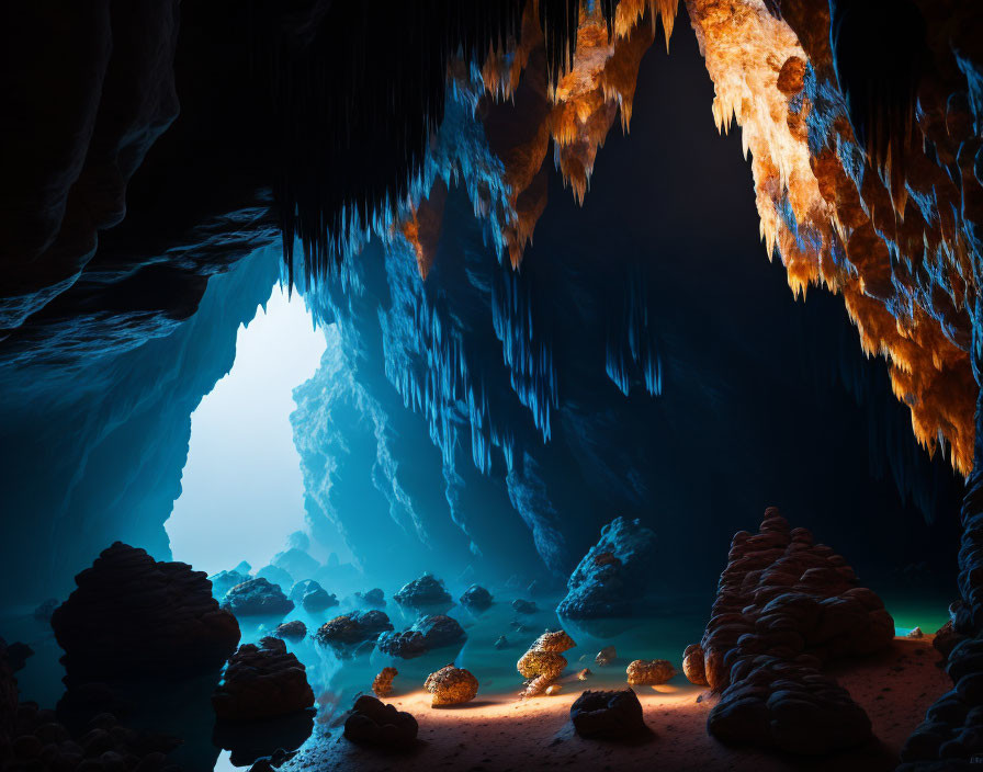 Majestic cave with illuminated blue stalactites and mysterious glow