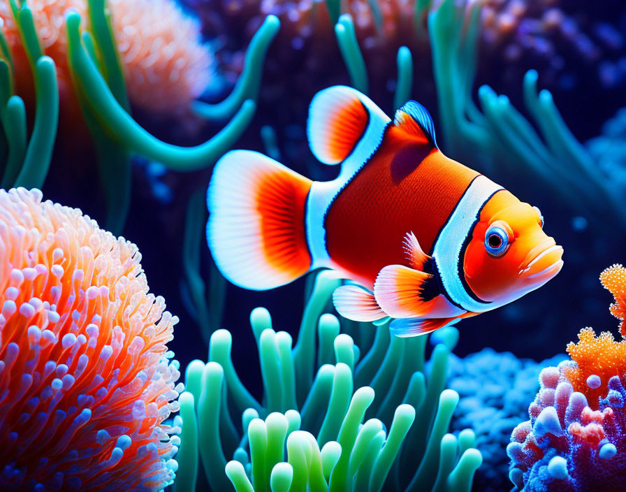 Colorful Clownfish Amid Coral and Anemones in Underwater Scene