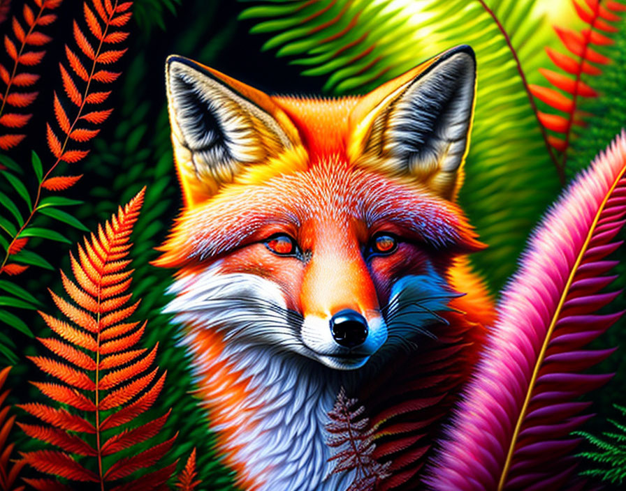 Colorful Red Fox Illustration Surrounded by Vibrant Foliage