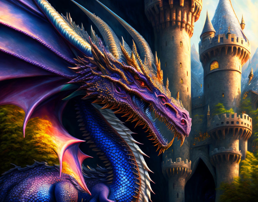 Blue Dragon with Intricate Scales in Enchanted Castle Setting