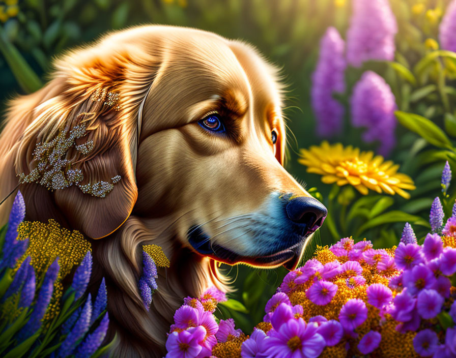 Golden Retriever Dog in Colorful Flower Field with Sunlight