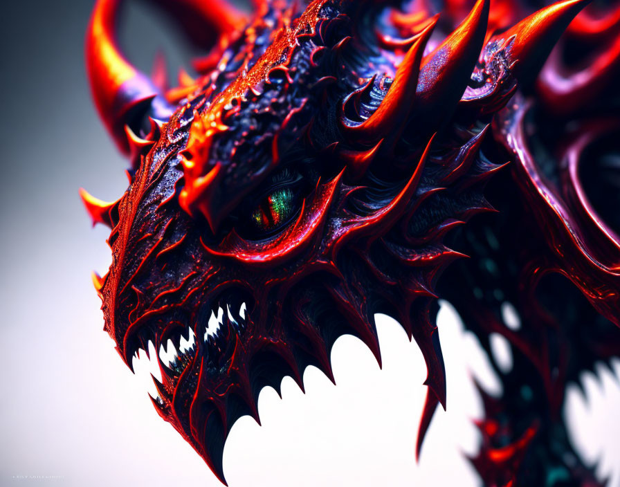 Detailed Red and Black Dragon with Sharp Teeth and Green Eyes