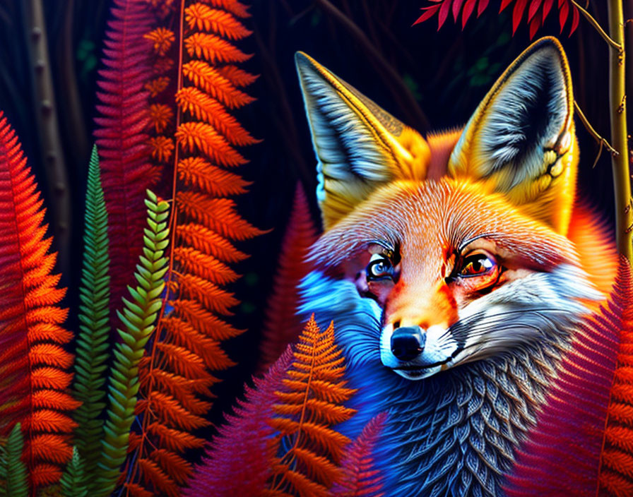 Vivid Fox Artwork Among Colorful Ferns