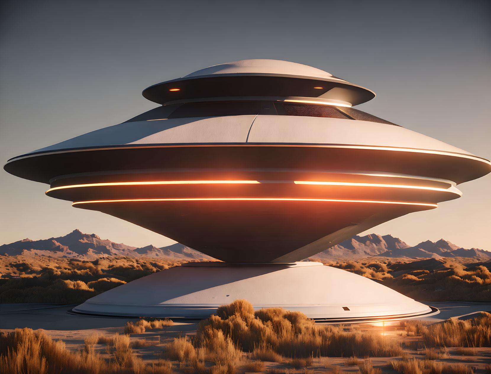 Futuristic glowing UFO-like structure in desert landscape at dusk