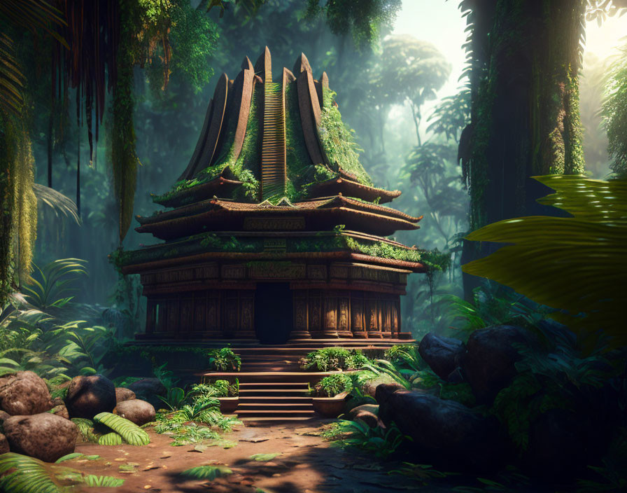 Ancient Temple with Multi-Tiered Roofs in Lush Forest