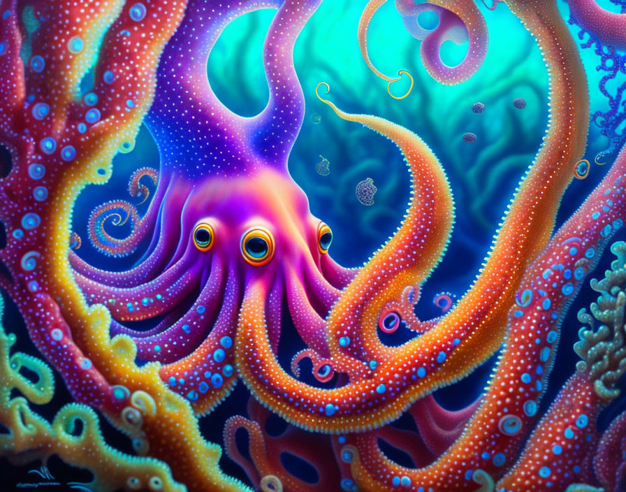 Colorful Octopus Illustration with Glowing Eyes and Multicolored Tentacles