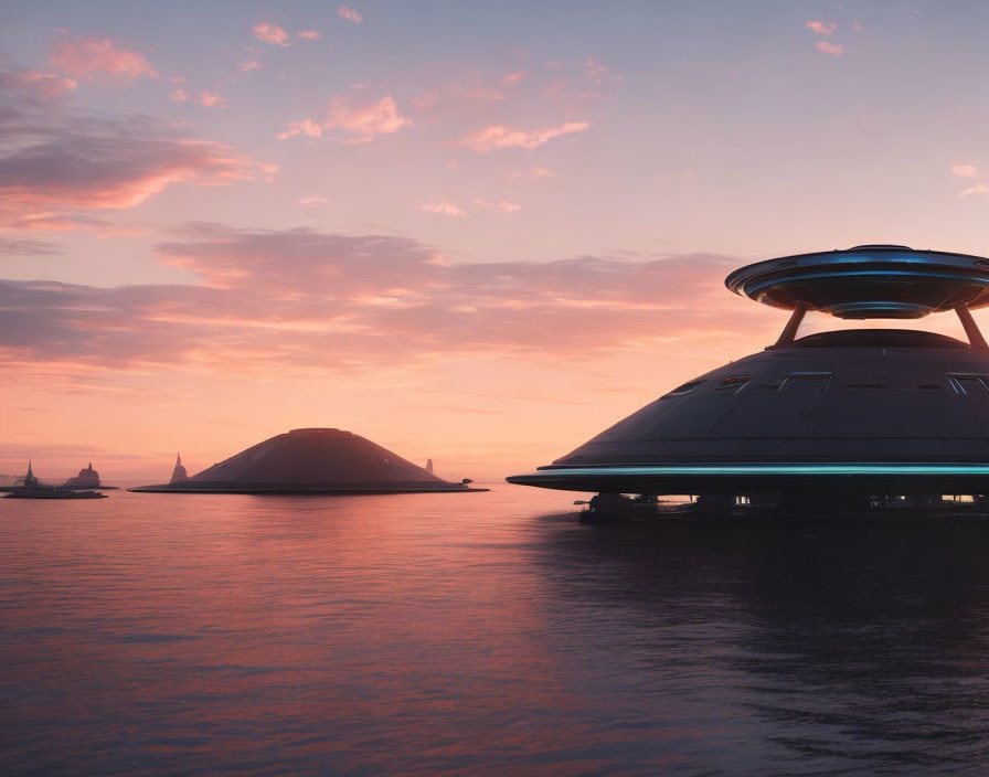 Futuristic ships with glowing underlights on calm waters at sunset