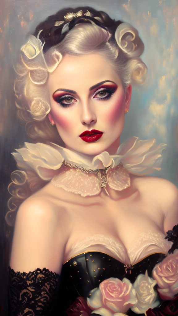 Stylized portrait of woman with elaborate hairstyle and intense makeup