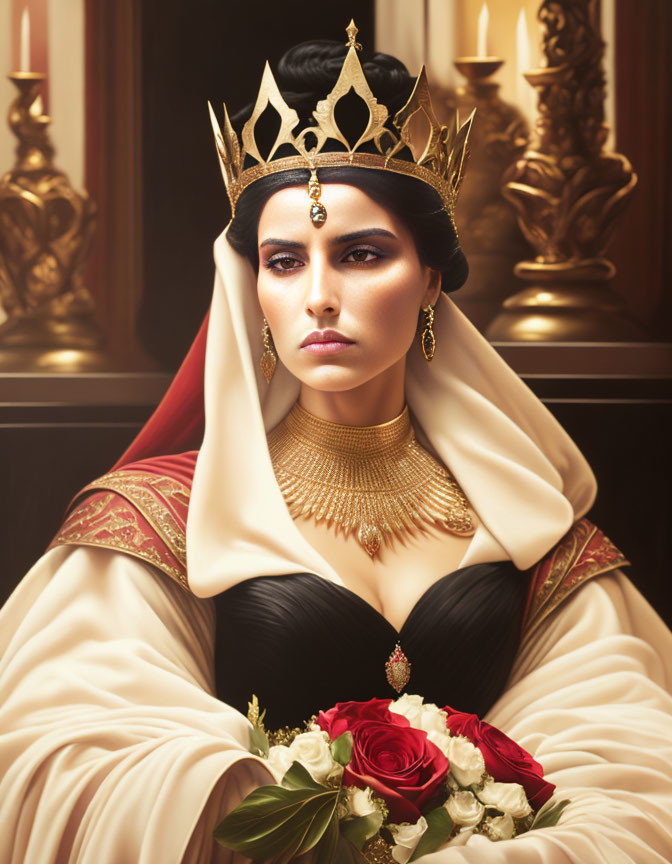 Regal woman with crown and red roses in white cloak