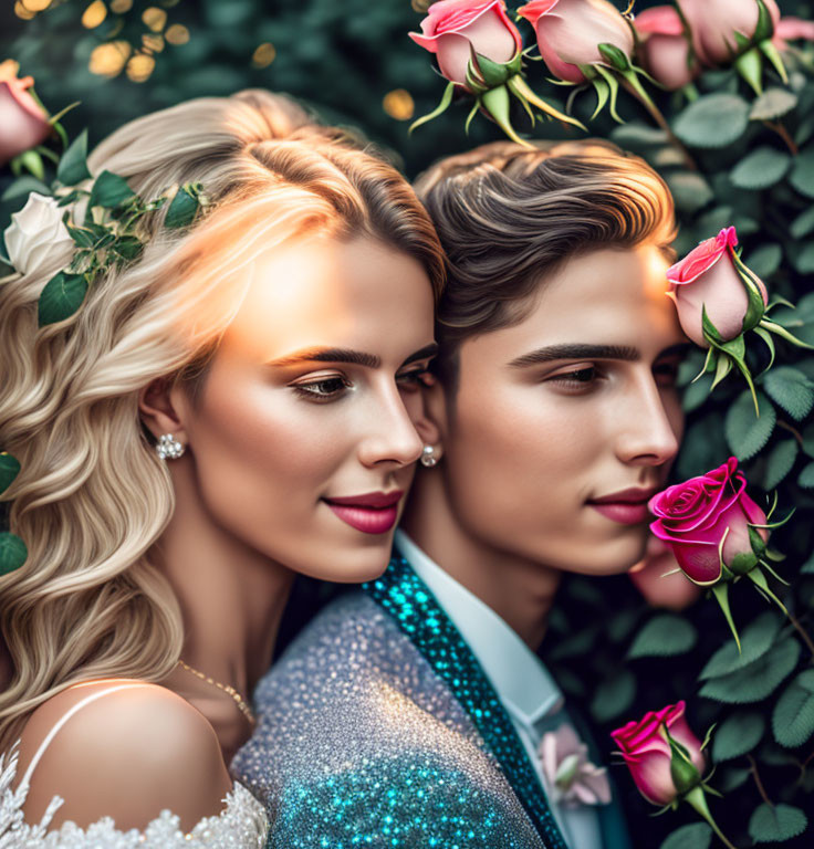 Couple surrounded by roses, man smelling flower, well-dressed at event