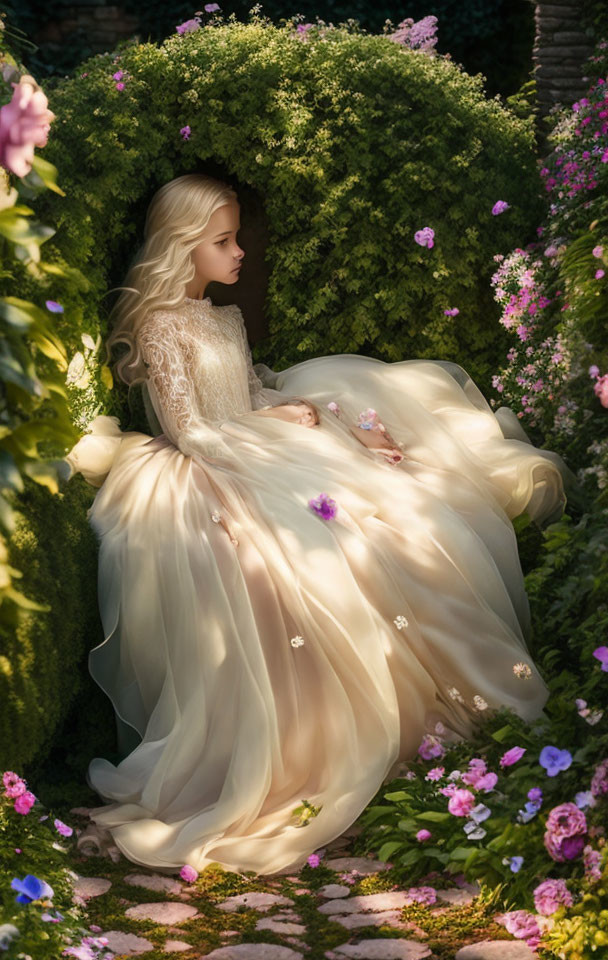 Woman in White Gown Surrounded by Green Hedge and Flowers