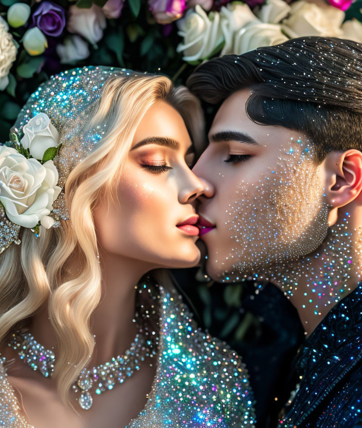 Intimate moment between two people with glitter-adorned skin amidst colorful flowers