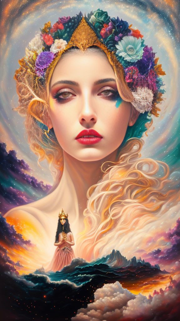 Ethereal woman with floral crown in cosmic background and mystical landscape.