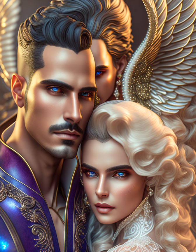 Fantasy-inspired man and woman characters in intricate attire on golden backdrop