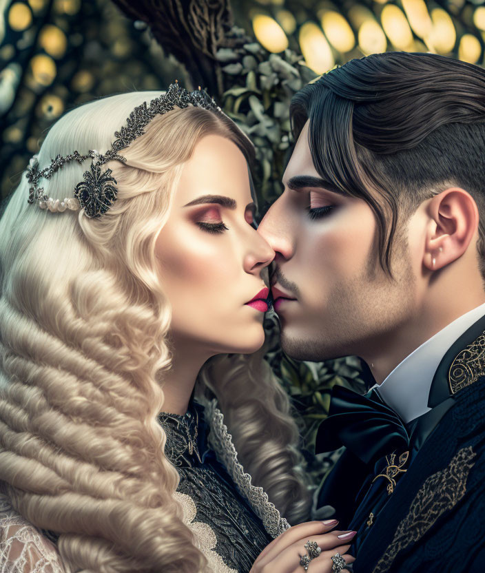 Man and woman in historical costumes share intimate moment in green foliage.