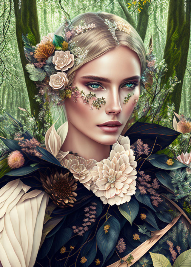 Stylized portrait of a woman with floral elements and nature-inspired makeup