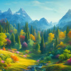 Colorful Sunlit Forest & Meadow with Misty Mountains