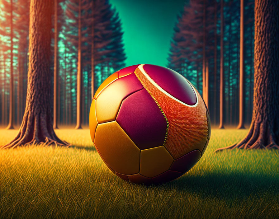 Colorful Soccer Ball on Grass with Mystical Forest Background