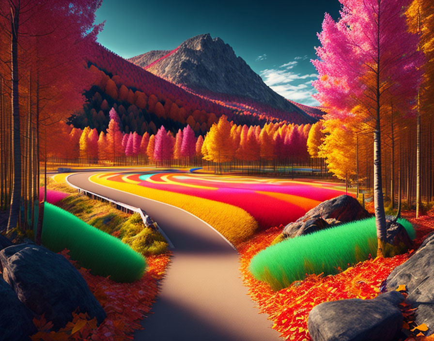 Digitally altered landscape with rainbow road in autumn forest and mountain.