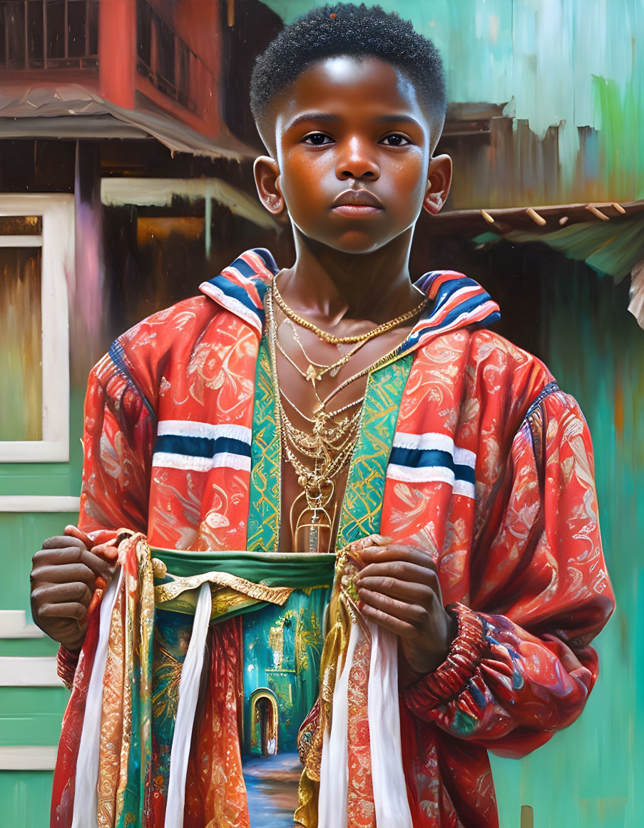 Young boy in colorful garment with gold necklaces against vibrant backdrop