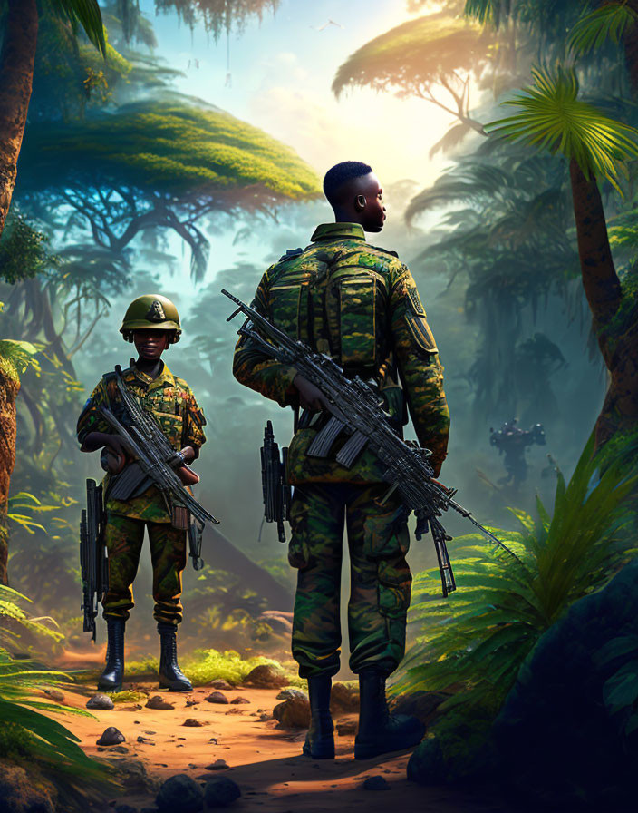 Soldiers in camouflage with rifles in lush jungle setting