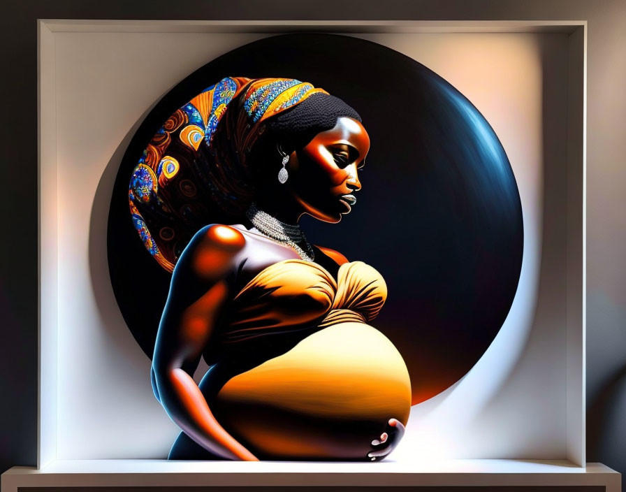 Colorful Side Profile Portrait of Pregnant Woman with Headscarf and Jewelry