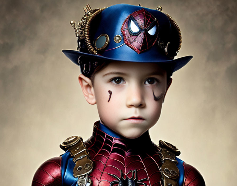 Child in Steampunk Spider-Man Costume with Hat and Goggles