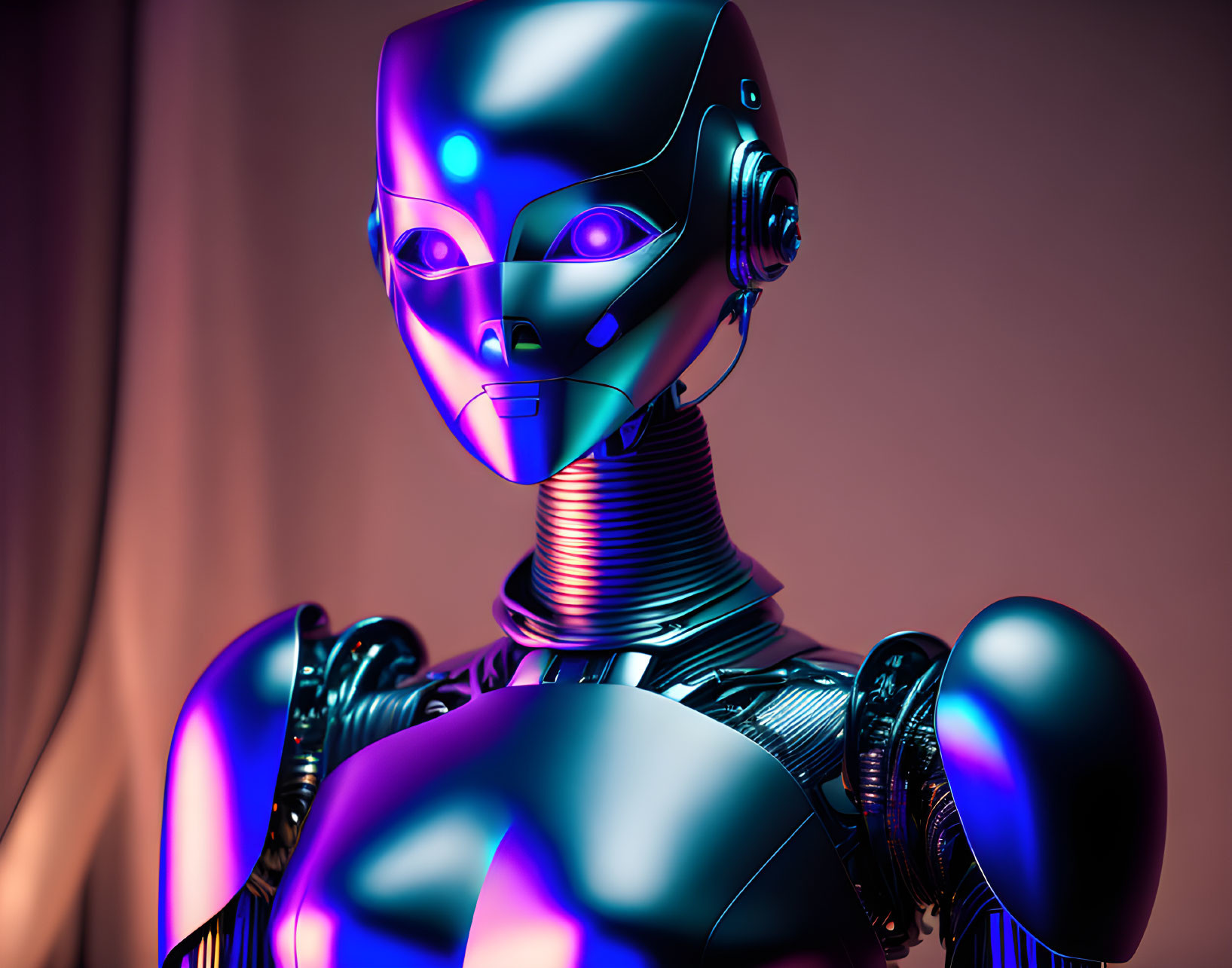 Detailed humanoid robot with glowing blue eyes on pink background