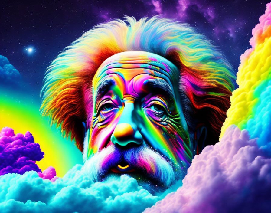 Colorful psychedelic portrait of Albert Einstein with starry sky and clouds