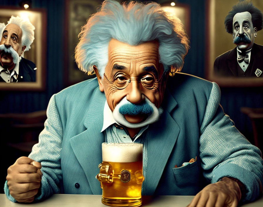 Caricatured illustration of man resembling Einstein holding beer with comical background.