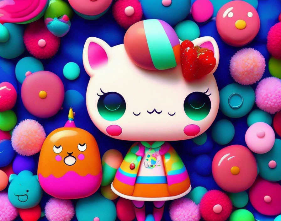 Vibrant Cartoon Cat with Big Eyes and Cute Figures in Colorful Scene