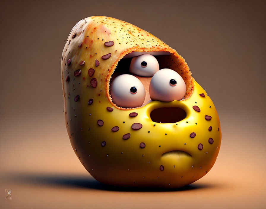 Whimsical 3D anthropomorphic potato with expressive eyes on brown background