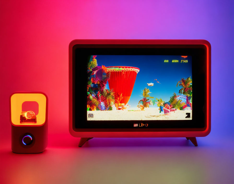 Colorful Vintage Gaming Setup with Classic Platformer Game and Neon Lights