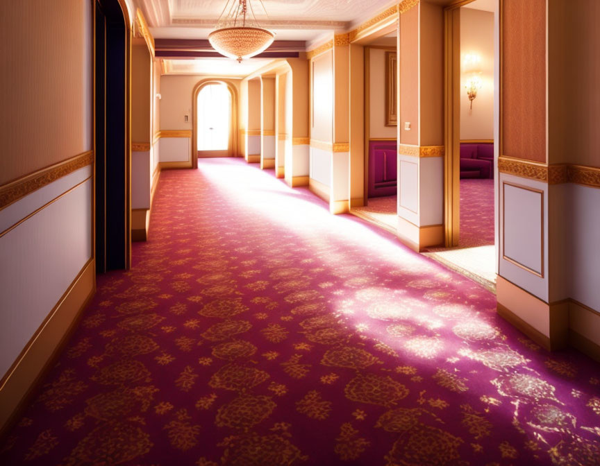 Luxurious Hotel Corridor with Purple Carpet, Cream Walls, and Ornate Chandelier