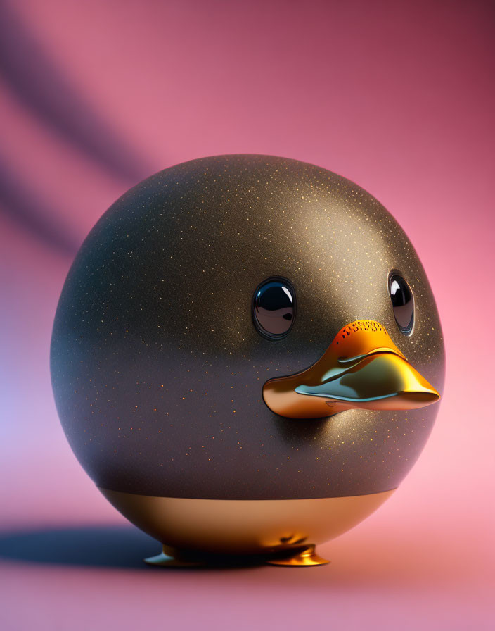Stylized round duck illustration with golden speckles on black body