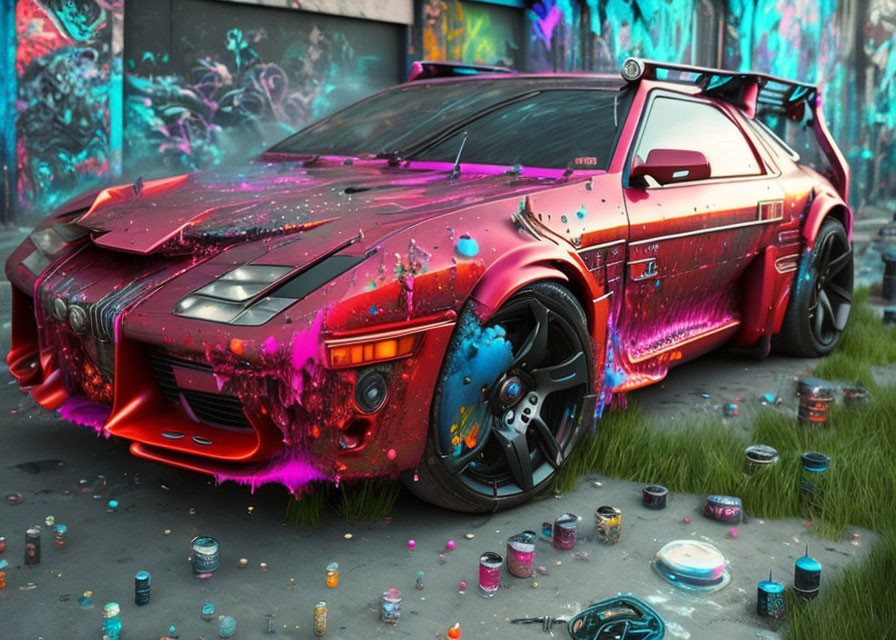 Vibrant paint-splattered sports car parked near graffiti-covered wall