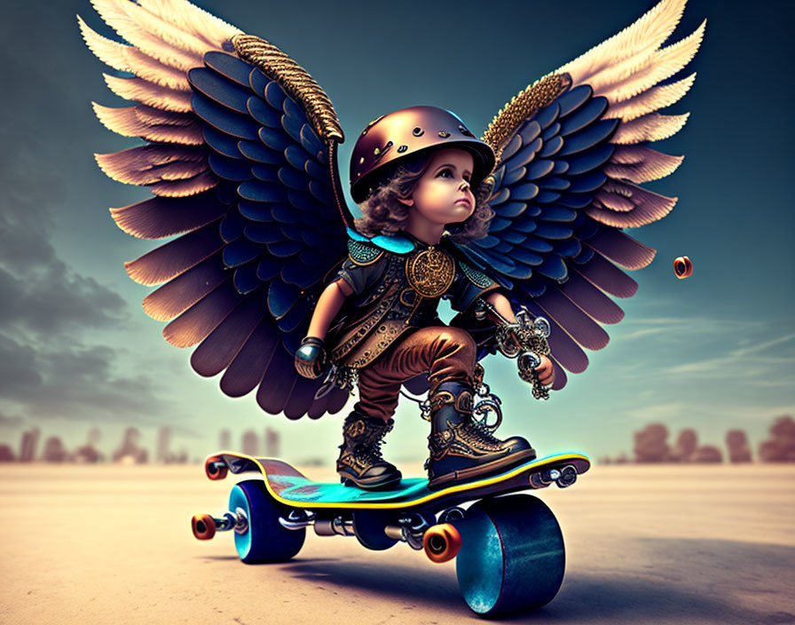 Child with angel wings in steampunk attire on hoverboard in whimsical cityscape