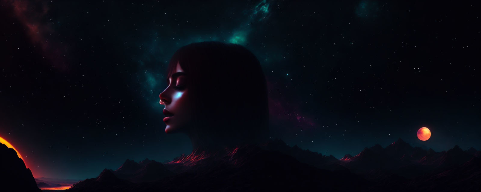 Woman's profile silhouette against cosmic backdrop with starry sky, nebulae, mountains, volcano,