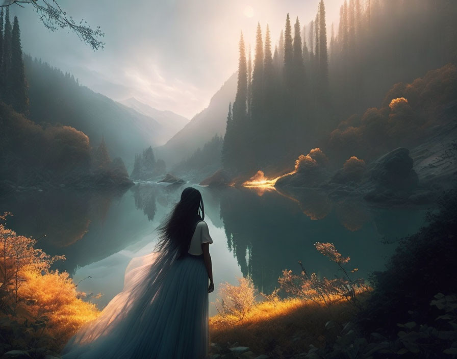 Woman in Blue Dress by Serene Lake with Forest and Mountains